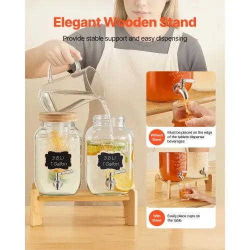 VEVOR Getränkespender (2 x 3,8 L) für Partys Saftspender (aus Glas) mit tropfsicherem Zapfhahn & Holzständer Wasserspender für Restaurants Partys, Limonade Eistee selbstgemachte Getränke Spender – Bild 4