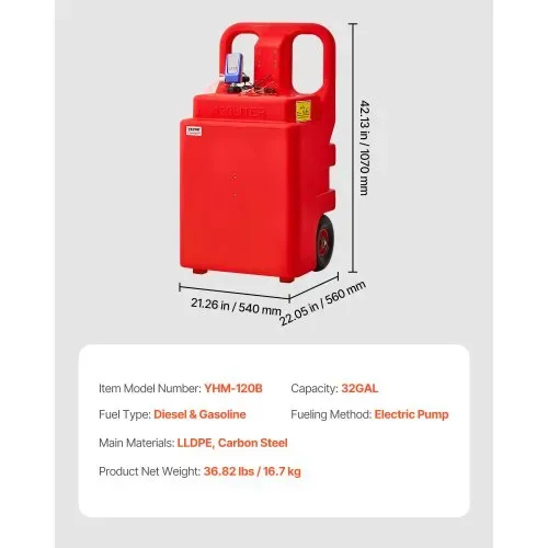 VEVOR Kraftstofftrolley, 121 L, Kraftstoffkanister mit 9,46 L/min elektrischer Kraftstofftransferpumpe, 1,2 m Förderschlauch & Auto-Stop-Sensordüse, Tankadapter, geeignet für Diesel & Benzin, rot – Bild 6