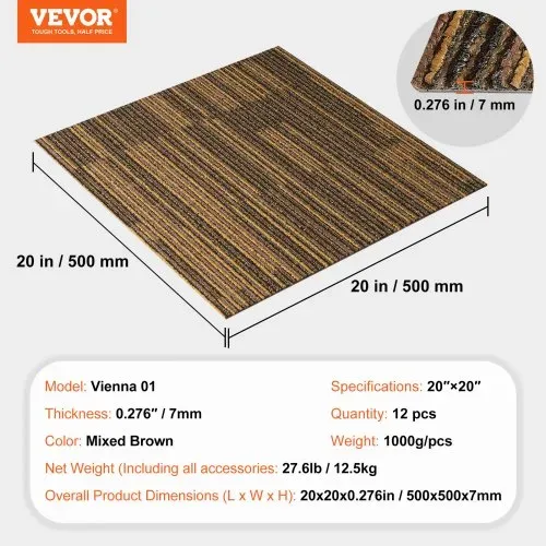 VEVOR Teppichfliesen, 500 x 500 mm, Teppichboden mit angebrachter Polsterung, weich gepolsterte Teppichfliesen, einfache DIY-Installation für Schlafzimmer und Wohnzimmer (12 Stk., gemischtes Braun) – Bild 6