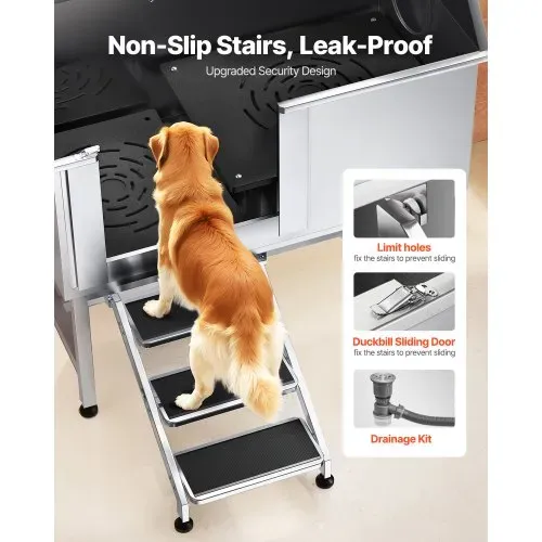 VEVOR Hundewaschstation Edelstahl, 1270x700x1545 mm Tierpflegewanne mit Treppe, PE-Wasserfilterplatte, Wasserhahn, Duschkopf & Seifenhalter, für große, mittelgroße & kleine Haustiere (linke Tür) – Bild 2