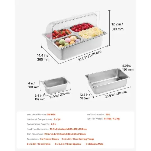 VEVOR Beilagenbehälter Zutatenbehälter Gastronormbehälter aus Edelstahl (4 x 1/4 Behälter), Präsentationsständer Buffet-Gewürzspender mit transparentem Deckel für Restaurant Hotel Küche Party – Bild 6