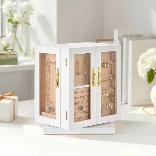VEVOR Schmuckkästchen 360° drehbarer Schmuckkasten mit 5 Schubladen & Acrylfenster & 4 Halskettenhaken auf jeder Seite, Aufbewahrungskoffer mit Metallgriffen, Bodenpolster & weichem Samtfutter weiß – Bild 7