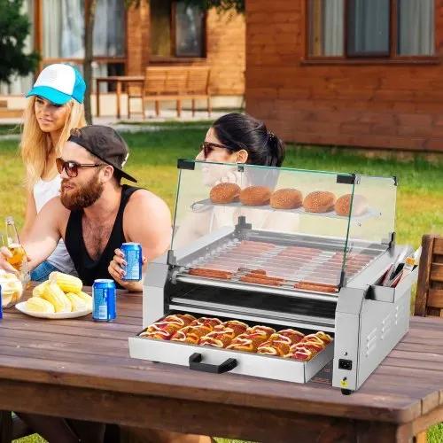 VEVOR Hot Dog Grill Maschine 30 Hot dogs 11 Rollen Edelstahl, 2400 W, Elektrogrill mit Brötchenwärmer & Abdeckung (Glas + PC) & 3 Temperaturregler & seitlicher Aufbewahrungsbox & Ölauffangschale – Bild 7