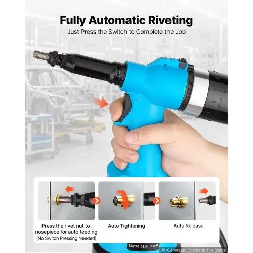 VEVOR Druckluft Nietmutternzange Set mit 6 SAE- & 7 Metrischen Kopfstück, Pneumatische Blindnietzange Set für Automobil Industrie Heimwerkerprojekte, 2,5t Zugkraft, Max. 3000 U/min, Mit Tragkiste – Bild 3