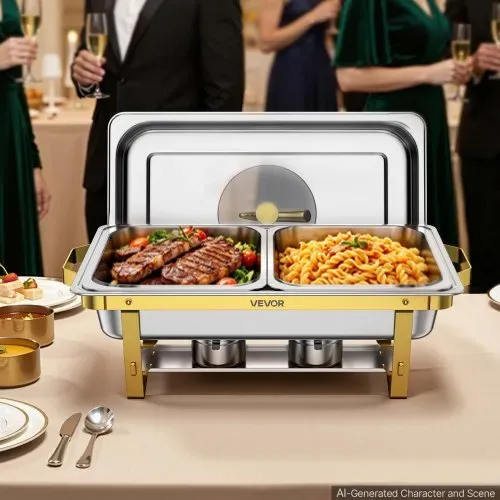 VEVOR Chafing Dish Set 4-tlg. Buffets je 8,52 L Edelstahl Warmhaltebehälter, Hochzeiten, Partys, Bankette, Faltbarer Ständer, 2 Behälter in Voller Größe und 4 Behälter in Halber Größe, Servierzange – Bild 7