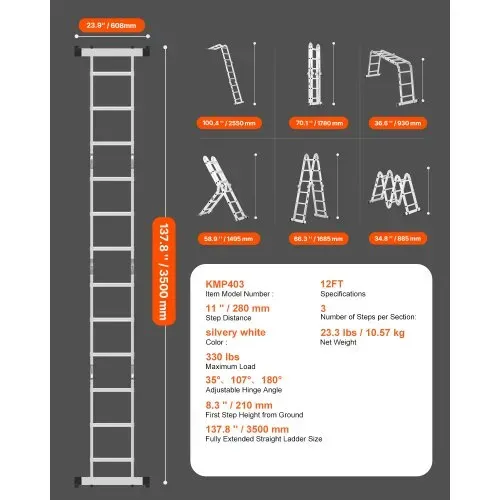 VEVOR Mehrzweckleiter, 7-in-1-Multifunktionsleiter, A-Rahmen, 3-stufige verstellbare Teleskopleiter, 3,5 m hohe Ausziehleiter, Leitergerüst, 150 kg Tragkraft für Arbeiten im Haushalt und im Freien – Bild 6