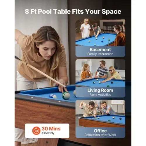 VEVOR Billardtisch 244 cm mit Holzoberfläche, moderner Spieltisch mit verstellbaren Füßen, komplettes Set inkl. Bällen/Queues/Ständer/Kreide/Bürste, für Spielzimmer Freizeiträume Blau – Bild 5