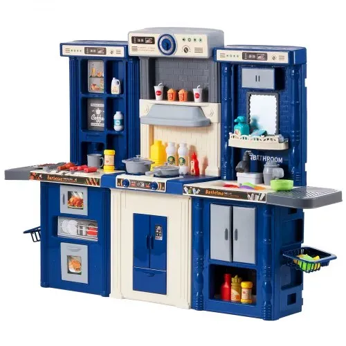 VEVOR Kinderküchen-Spielset, 3-in-1-Kleinkinderküche mit simuliertem Sprühnebel, Geräuschen und Lichtern, Spielküchenset mit 74-teiligem Kochzubehörset für Kleinkinder, Vorschulkinder, Kinder im Alter von 3–8 Jahren, Blau – Bild 10