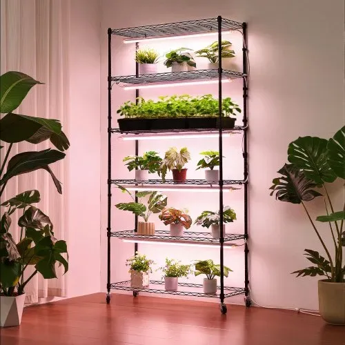 VEVOR Pflanzenregal mit Wachstumslichtern, 6-stufiger Pflanzenständer für Zimmerpflanzen mit Rädern & Timer, 150W 3800K Vollspektrum Licht, Metall-Blumenregal für die Samenanzucht, 90x35x180cm – Bild 7