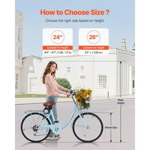 VEVOR Cruiser Fahrrad mit 7 Gängen (Reifendurchmesser 61 cm)Beach Fahrrad mit großem Korb & Gepäckträger, Cruiser-Fahrrad mit verstellbarem Sitz, für Radfahren & Trainieren & Einkaufen Blau – Bild 2