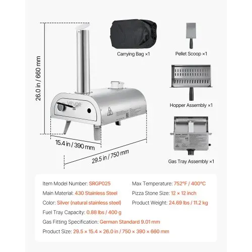 VEVOR Dual-Fuel-Pizzaofen Outdoor, 12 Zoll Holzfeuer & Propangas-Pizzaofen, Pellet- & Propan-Pizzamaker mit Thermometer & klappbarem Bein, Pizzakocher für Camping im Freien & Garten – Bild 6