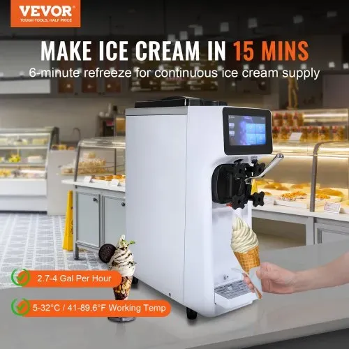 VEVOR Kommerzielle Eismaschine, 10 L/h Leistung, Softeismaschine Einzelne Geschmacksrichtung, Arbeitsplatte, 4 L Trichter, 1,6 L Zylinder, Touchscreen, Automatische Reinigung, Vorkühlung Snackbars VEVOR Kommerzielle Eismaschine, 10 L/h Leistung, Softeismaschine Einzelne Geschmacksrichtung, Arbeitsplatte, 4 L Trichter, 1,6 L Zylinder, Touchscreen, Automatische Reinigung, Vorkühlung Snackbars