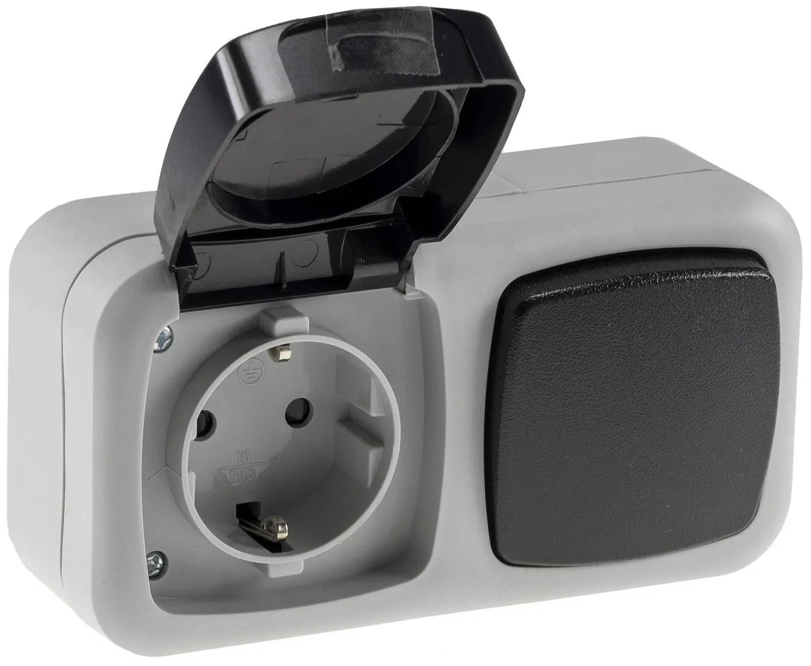 Feuchtraum Kombi-Schalter/Steckdose,IP44 250V~/ 10/16A, grau, AP horizontal Feuchtraum Kombi-Schalter/Steckdose,IP44 250V~/ 10/16A, grau, AP horizontal