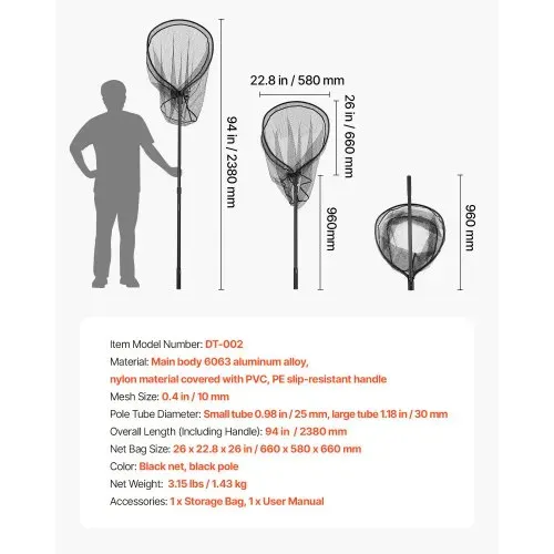 VEVOR Angelkescher Teleskopisch 238 cm, Unterfangkescher mit Fischschonendem Fischnetz aus PVC-Beschichtetem Nylonmaterial, Kescherstange aus 6063 Aluminiumlegierung mit Rutschfestem PE Griff – Bild 6