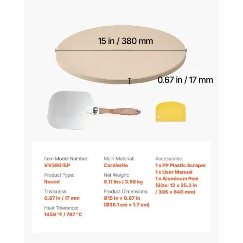 VEVOR Pizzastein Backstein 381 x 381 mm, runder Cordierit-Pizzastein, große Steinplatte mit Schaber & Aluminiumschaufel, 17 mm dick, hitzebeständig, geeignet für Küchenofen Brotbacken Pizzabacken – Bild 6