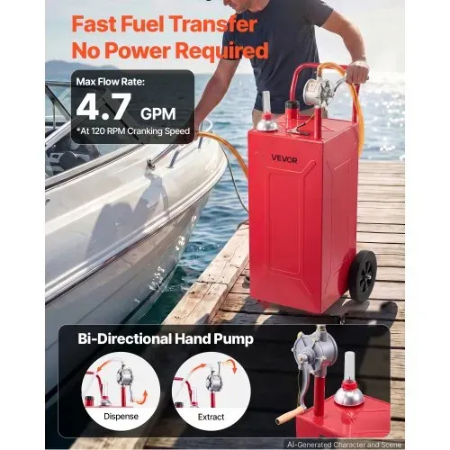 VEVOR 113,6L Kraftstofftrolley Mobile Tankanlage mit Manueller Handpumpe, Tragbarer Kraftstofftank für Auto Rasenmäher Boot, Mit 2 Rollen & Ölstandsanzeige, Für Benzin & Diesel, Kohlenstoffstahl, Rot – Bild 2