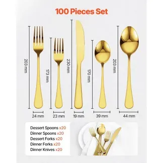 VEVOR 100-tlg. Besteckset in Gold, Essbesteck aus lebensmittelechtem Edelstahl für 20 Personen, mit Hochglanzoberfläche, spülmaschinenfestes Essgeschirr, inklusive Messer Gabel Löffel VEVOR 100-tlg. Besteckset in Gold, Essbesteck aus lebensmittelechtem Edelstahl für 20 Personen, mit Hochglanzoberfläche, spülmaschinenfestes Essgeschirr, inklusive Messer Gabel Löffel