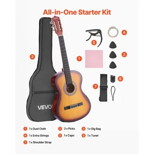 VEVOR Konzertgitarre, 960 mm, Holz-Klassikgitarren-Starter-Set für Anfänger, mit Nylonsaiten, Gigbag, Gurt, Stimmgerät, zusätzlicher Saite, Plektrum, Kapodaster, Linde, für Einsteiger, Sunburst – Bild 6