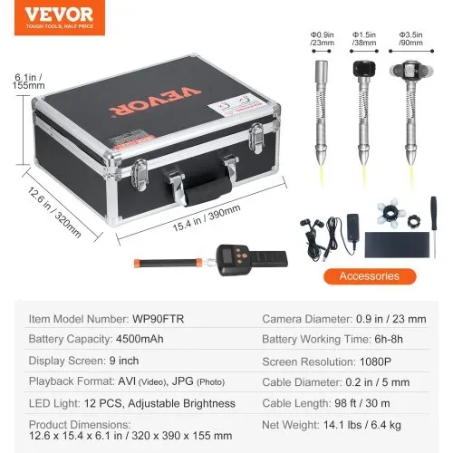 VEVOR Kanalkamera mit 512-Hz-Ortung, 30 m, 9-Zoll-Rohrinspektionskamera mit Selbstnivellierung, 36-facher Zoom, Endoskop mit 12 LEDs, 32-GB-Karte, IP68 wasserdichte Schlangenkamera für Kanalrohre – Bild 6