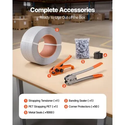 VEVOR Umreifungsset, Hochleistungs-Umreifungsgerät mit 975 m PP-Band, 1000 Metallplomben, 50 Eckenschützern, Kunststoff-Palettenverpackungsset für Lager/Versand/Umzug VEVOR Umreifungsset, Hochleistungs-Umreifungsgerät mit 975 m PP-Band, 1000 Metallplomben, 50 Eckenschützern, Kunststoff-Palettenverpackungsset für Lager/Versand/Umzug