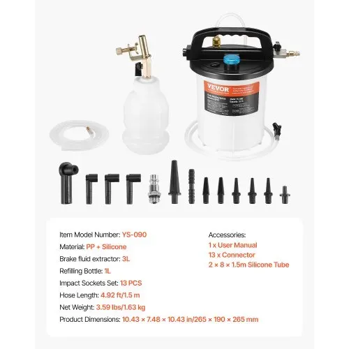 VEVOR Bremsenentlüfter Set 3 L Bremsflüssigkeitsabsauger mit 1 L Siphon-Nachfüllflasche und 13 Schlauchverbindern, komplettes Bremsflüssigkeitsentlüfter mit verlängertem Silikonschlauch und Griff – Bild 6