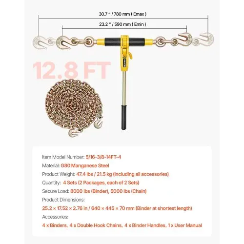 VEVOR Ratschenspanner 3628 kg, Ratschenlastspanner, Spannzurrketten G80, Ratschen-Lastbinder, Spannketten-& Binder-Set, Zurrkettenbinder für Transport, Abschleppen, Holzfällerei (4er-Pack) – Bild 6