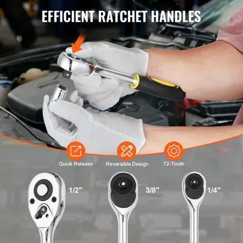 VEVOR Mechaniker Werkzeugsatz 207-teilig 1/4 Zoll 3/8 Zoll 1/2 Zoll Steckschlüsseleinsätze, SAE- und metrisches Mechaniker-Werkzeugset mit Bits Schraubenschlüsseln Ratschengriff Tragkoffer – Bild 3