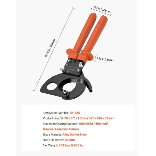 VEVOR Ratschenkabelschneider, Federstahlklingen mit PVC-beschichteten Griffen, Schnellverschlussknopf, Ratschen-Kabelschneider zum Schneiden von Kupfer- und Aluminiumkabeln bis zu 800 MCM / 400 mm² – Bild 6