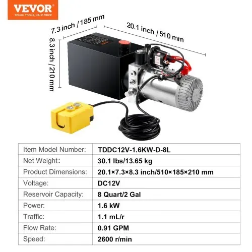 VEVOR Hydraulikpumpe Hydraulikaggregat 12 V Hydraulikaggregat 1600 W, Einfachwirkende Hydraulikpumpe Hydraulic Power Pack, 7,57 L Tank Hand Pump Hydraulikaggregat, für Aufzüge, Gabelstapler usw. – Bild 6