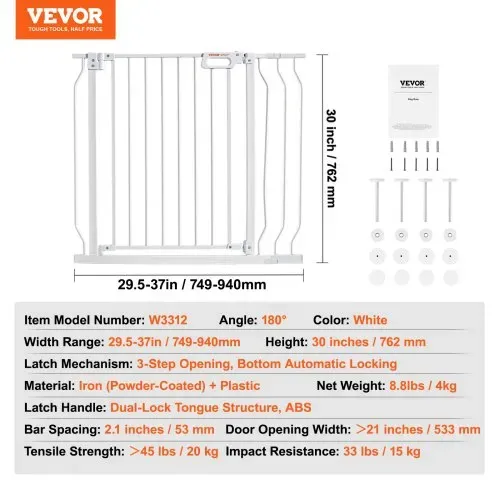 VEVOR Türschutzgitter, Absperrgitter Treppengitter, 749–990 mm Breitenbereich Kindergitter, Haustiergitter, Treppenschutzgitter, Beidseitig Schwenkbare Gitter 762 mm Höhe, Weiße Babygitter ohne Bohren – Bild 6
