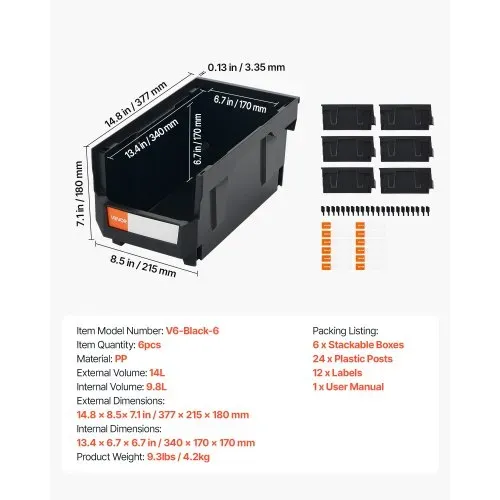 VEVOR Stapelboxen, 377 x 215 x 180 mm (6er-Pack), Lagerboxen, Sichtlagerboxen, Sichtlagerkasten zum Organisieren & Aufbewahren von Kleinteilen, Bürobedarf & anderem Zubehör, Schwarz – Bild 6