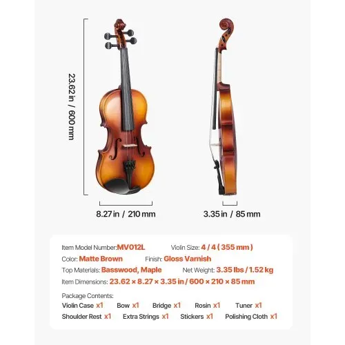 VEVOR Violine 4/4, 584,2 mm Armlänge, Geigenset mit Hartschalenkoffer, Kolophonium, Bogen, Schulterstütze, Steg, Stimmgerät & zusätzlichen Saiten, für Anhänger/in ab 12 Jahren (braun) – Bild 6