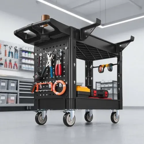 VEVOR Servicewagen Werkstattwagen Werkzeugwagen PP 1010x440x845mm Schwarz, Rollwagen mit 250kg Tragkraft, Inkl. 2 Ebene Rollen Lochwand Haken & Griff mit Ablagefach, Allzweckwagen für Garage Werkstatt – Bild 7