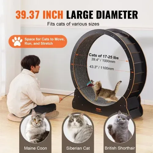 VEVOR Katzenlaufrad aus Holz, 110cm großes Katzenlaufband für Hauskatzen, Katzenlaufrad mit abnehmbarem Teppich & Katzenangel zum Laufen/Gehen/Trainieren, für die meisten Katzen geeignet, Schwarz – Bild 3
