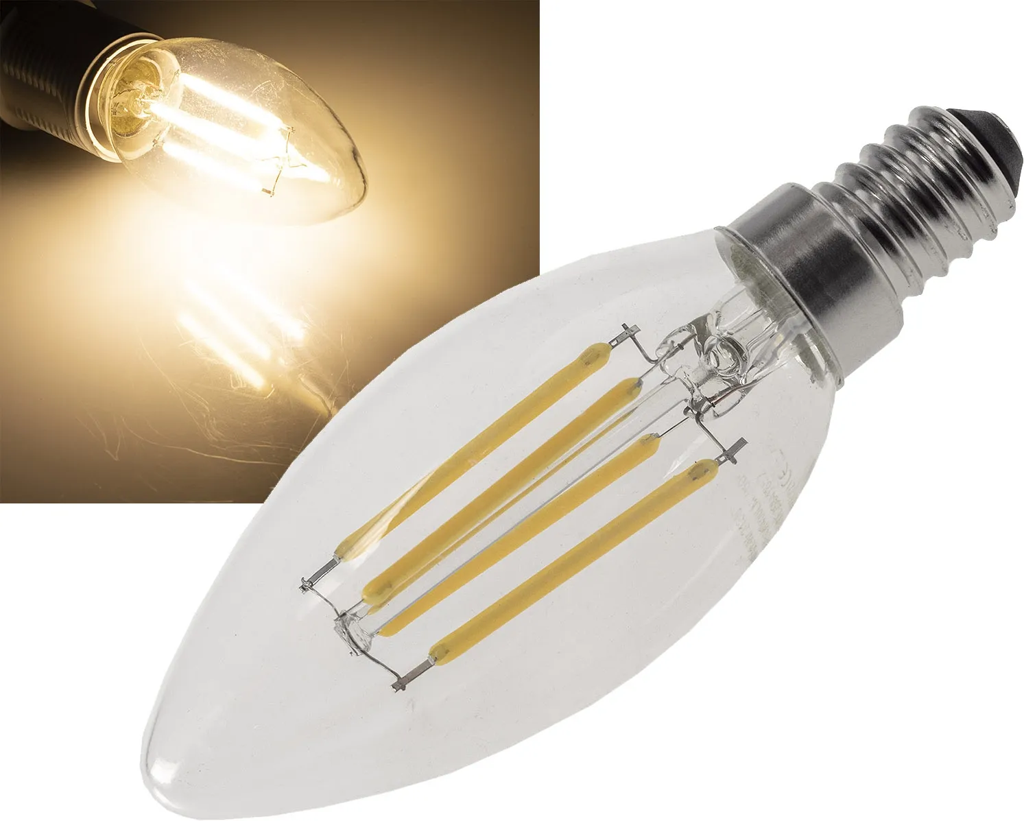 LED Kerzenlampe E14 „Filament K4“ 3000k, 400lm, 230V/4W, warmweiß LED Kerzenlampe E14 „Filament K4“ 3000k, 400lm, 230V/4W, warmweiß