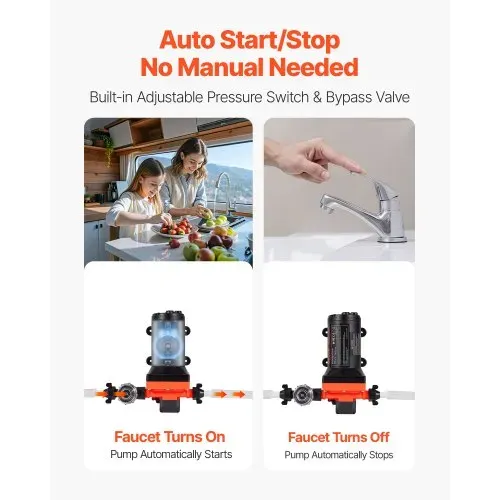 VEVOR Membranpumpe, 12 V DC, 18,9 L/min, selbstansaugende 4-Kammer-Membranwasserpumpe mit automatischem Druckschalter, 4,8 bar Druck, für Wohnmobil, Wohnwagen, Schiff, Yacht, Autowäsche – Bild 2
