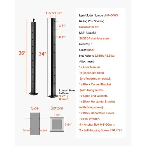 VEVOR Kabelgeländerpfosten, 914x50,8x50,8 mm, Kabel-Treppengeländerpfosten, vorgebohrte horizontale Löcher, Edelstahl SUS304, für Handlauf, Balustrade, schwarz, 1JZLGZXHS9148RVYS001V0 – Bild 6