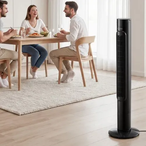 VEVOR 50W Turmventilator, 985 mm Säulenventilator mit 3 Geschwindigkeiten 3 Modi 7,5 Std. Timer, 50° Oszillierender Ventilator mit Fernbedienung, Leiser Standventilator für Schlafzimmer Büro, Schwarz – Bild 7