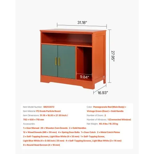 VEVOR Katzenschrank 792x430x710 mm, Katzenklo Schrank mit Regal & Stauraum, Katzenhaus aus Holz im modernen Stil für den Innenbereich, passend für die meisten Katzentoiletten, Rot & Grün – Bild 6