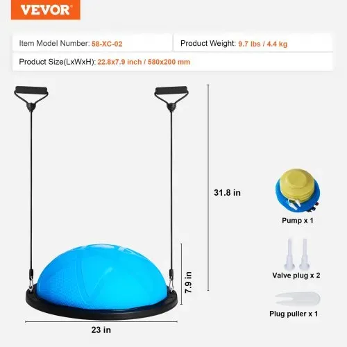 VEVOR Halb-Gymnastikball-Trainer, 23 Zoll Balance-Ball-Trainer, 660 lbs Tragkraft Stabilitätsball, Yoga-Ball mit Widerstandsbändern und Pumpe, Kraft-Fitnessball für das Heim-Fitnessstudio, Ganzkörpertraining, Blau – Bild 6