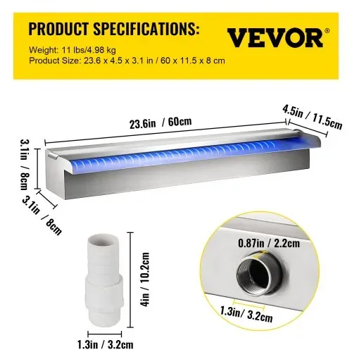 VEVOR Schwalldusche Poolfontäne LED 23,6 " x 4,5" x 3,1 " Poolbrunnen 1,3" Wasserfontäne 0,87" Dekoration Gartenteich – Bild 6