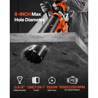 VEVOR Diamantkernbohrmaschine Kernbohrgerät, 202 mm max. Bohrdurchmesser, 2 in 1 Diamantbohrer 1500 W mit 4 Bohrern & einstellbarer Drehzahlen (1000 / 2500 U/min) für Beton Ziegel Stein VEVOR Diamantkernbohrmaschine Kernbohrgerät, 202 mm max. Bohrdurchmesser, 2 in 1 Diamantbohrer 1500 W mit 4 Bohrern & einstellbarer Drehzahlen (1000 / 2500 U/min) für Beton Ziegel Stein