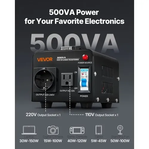 VEVOR Spannungswandler-Transformator, 500VA, Aufwärts-/Abwärtstransformator, Konvertierung von 110 V auf 220 V & von 220 V auf 110 V, mit US-, EU-Steckdose, Netzkabel, Schutzschalter – Bild 3