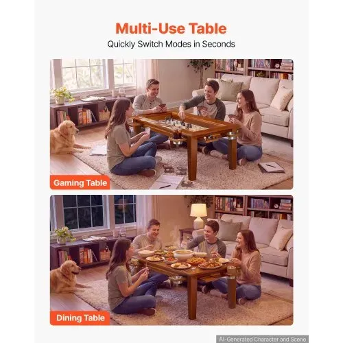 VEVOR Brettspieltisch 120x60x45cm 2-in-1 Spiel- & Esstisch 136kg Belastbar, Geräumig für 4 Spieler, Massivholz, mit Abnehmbaren Tischplatten Getränkehaltern Leder-Spielmatte & Ausziehbaren Tabletts – Bild 3