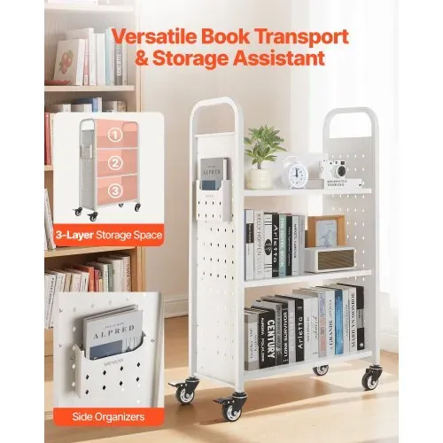 VEVOR Bücherwagen, 150 kg Tragkraft, Bibliothekswagen, 77 x 38 x 122 cm, einseitiges L-förmiges Bücherregal mit Doppelbremsrollen, Bücherregalwagen für Wohnzimmer, Büro, Schule, Weiß VEVOR Bücherwagen, 150 kg Tragkraft, Bibliothekswagen, 77 x 38 x 122 cm, einseitiges L-förmiges Bücherregal mit Doppelbremsrollen, Bücherregalwagen für Wohnzimmer, Büro, Schule, Weiß