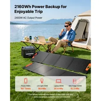 VEVOR Tragbare Powerstation, 2400-W-Solargenerator mit 2 faltbaren 200-W-Solarpanels, erweiterbarer 2160-Wh-LiFePO4-Akku mit 10 Ausgängen für Notstromversorgung zu Hause, beim Camping und im Wohnmobil VEVOR Tragbare Powerstation, 2400-W-Solargenerator mit 2 faltbaren 200-W-Solarpanels, erweiterbarer 2160-Wh-LiFePO4-Akku mit 10 Ausgängen für Notstromversorgung zu Hause, beim Camping und im Wohnmobil