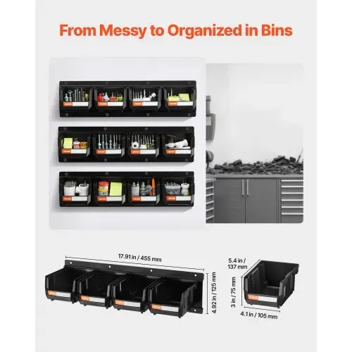 VEVOR Stapelboxen Wandmontage, 137x105x75mm (12er-Pack) & 3 Metallschienen, Sichtlagerboxen für Schrauben, Muttern, Bolzen, Nägel, Werkzeug-Organizer für Werkstatt, Bastelraum, Garage, Schwarz VEVOR Stapelboxen Wandmontage, 137x105x75mm (12er-Pack) & 3 Metallschienen, Sichtlagerboxen für Schrauben, Muttern, Bolzen, Nägel, Werkzeug-Organizer für Werkstatt, Bastelraum, Garage, Schwarz