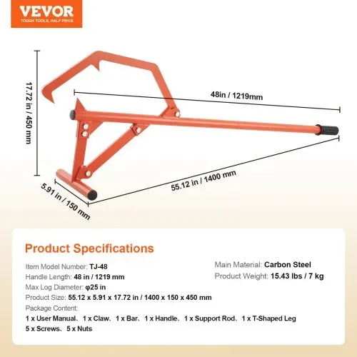 VEVOR Fällheber, 1219 mm, robuster Stammheber aus Stahl, Holzheber mit verstellbarem Wendehaken, Forsthaken für Holzstämme bis zu φ 63,5 cm, Fällhilfe zum Rollen, Schneiden & Anheben von Holzstämmen – Bild 6