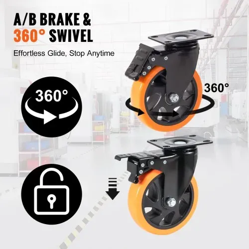 VEVOR Möbelrollen 4er-Set Lenkrollen PVC φ127mm Laufrollen 816kg Tragfähigkeit Transportrollen mit A/B-Bremsen Kastenrollen 360° Drehbar Schwerlastrollen für Häusern Büros Studios Fabriken – Bild 2