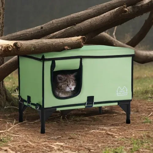 VEVOR Erhöhtes, beheiztes Katzenhaus, quaderförmiger Katzenunterschlupf mit einstellbarer Temperatur und Timer, faltbarer Katzenunterschlupf aus 900D Oxford-Gewebe mit beheiztem Kissen für den Winter, um es warm und gemütlich zu halten, grün (Mitte) – Bild 7